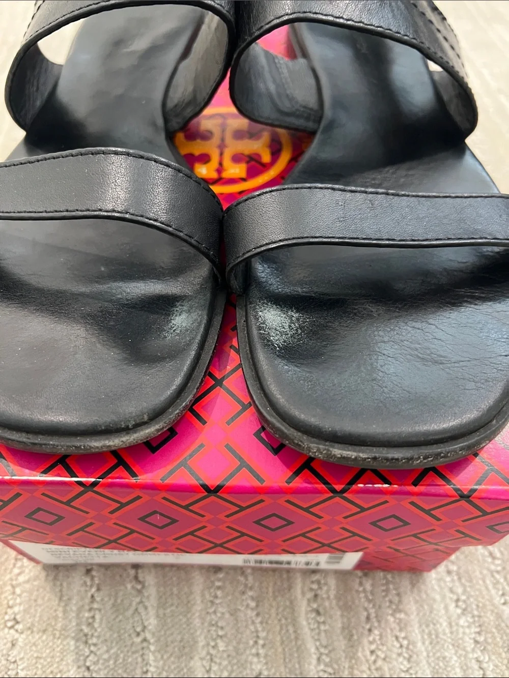 Tory Burch Black Leather Slingback Sandals with Gold Logo Emblem